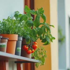 A balcony garden with potted herbs and tomatoes, showcasing urban gardening.